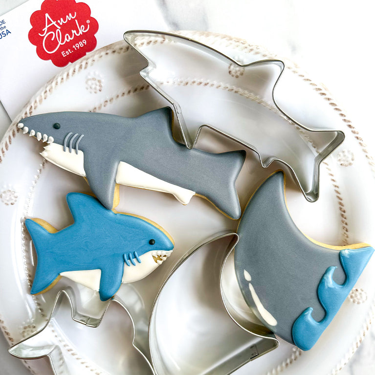 Shark cookies on a plate